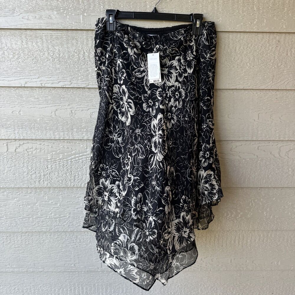 Charter Club Silk Skirt Size 8P Black White Floral Chiffon Whimsigoth Coquette